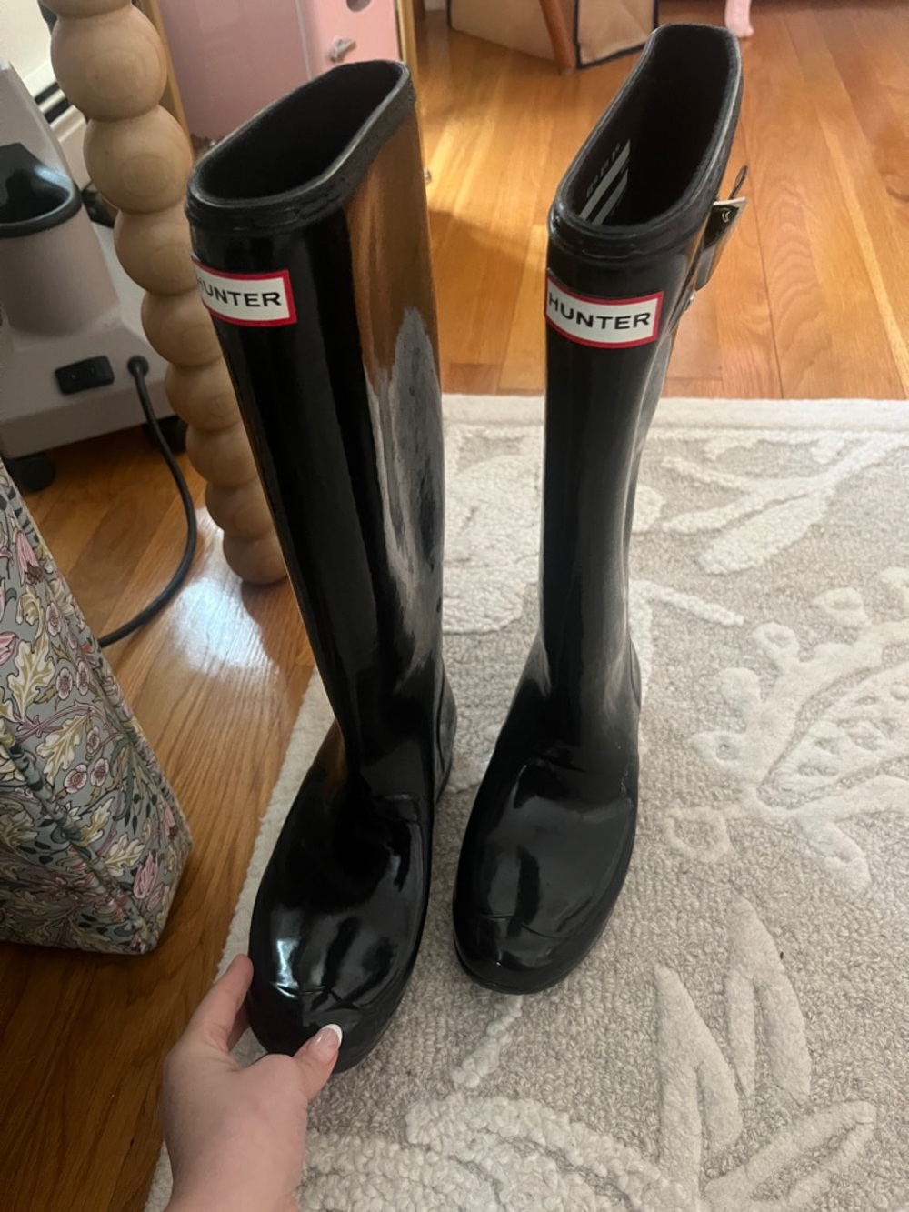 Hunter Black Gloss Wellington Boots with Logo Insole